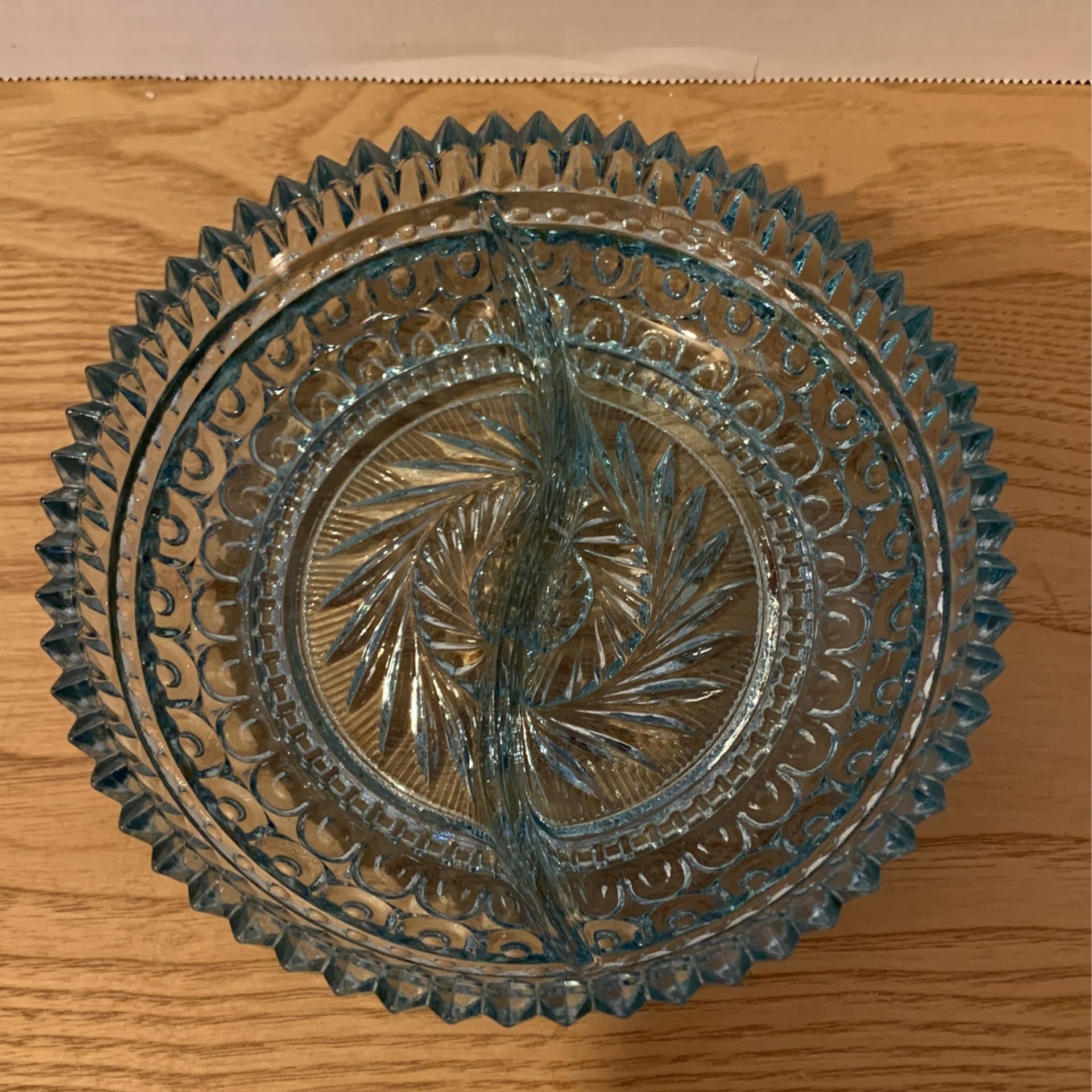 Vintage light blue Pressed Glass Divided Candy Relish Dish 6" Saw Tooth Edges Swirl Design