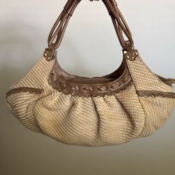Cole Haan Sarah Bronze Straw Satchel Bag Boho Chic Beach Purse Woven Tote