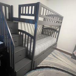(Atlantic Furniture) Detachable Style Gray Twin over Twin  Wood Bunk Bed with Storage Staircase, 6-Drawer, Shelves