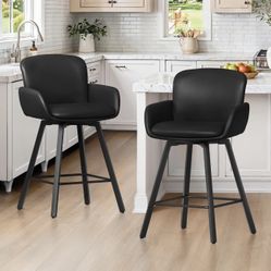 26" Swivel Bar Stools Set of 2, Counter Height Bar Stools with Backrest and Arms, Modern Upholstered Barstools with Metal Legs for Kitchen Island, Bla