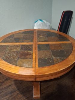 Round Tile Top Dining Table with Leaf Extension – Solid Wood
