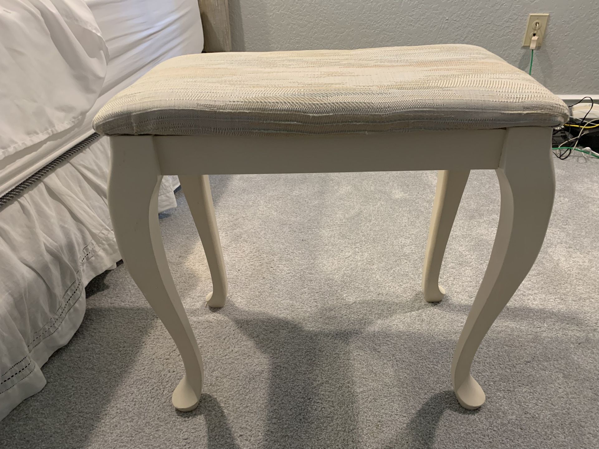 White Vanity Stool in Solid Wood with Padded Fabric Seat