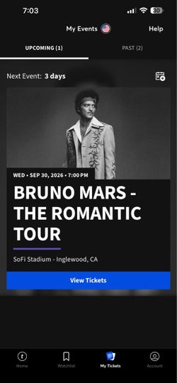 2 tickets for Bruno mars concert