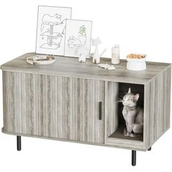 Cat Litter Box Enclosure Furniture with Cat Scratch Pad and Tambour Sliding Door, Multi-Functional Side End Table Cat House for Living Room, Natural