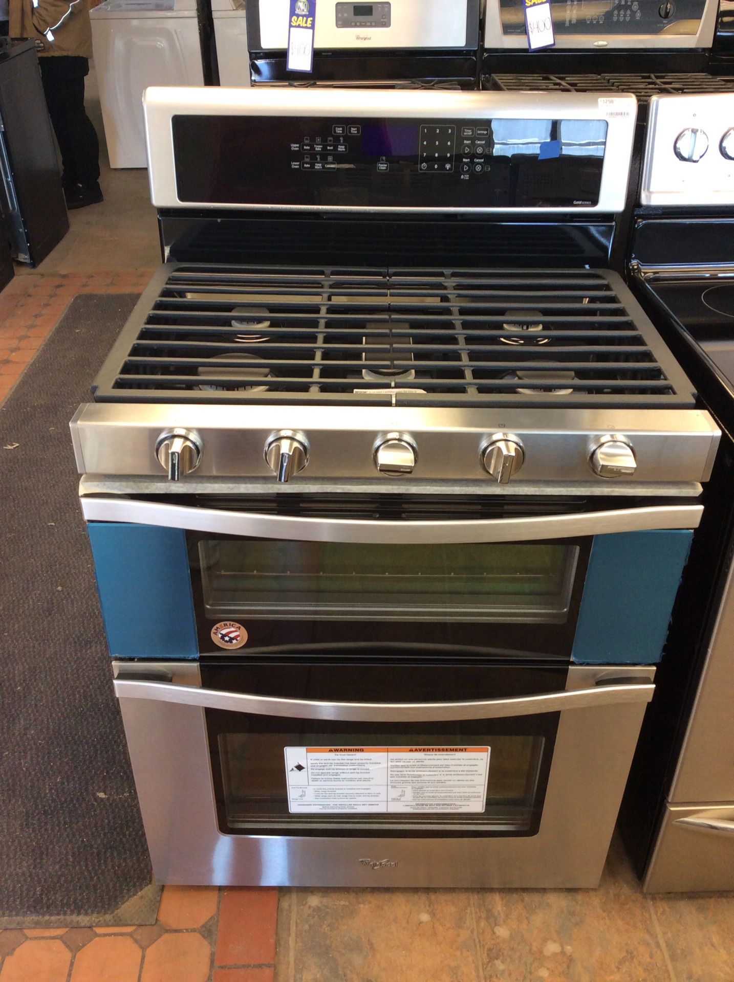 (Anoka 4263-SM LM) Whirlpool Stainless Steel 5 Burner Double Oven Gas Stove