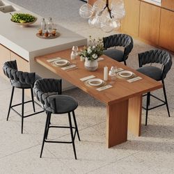 30'' Counter Height Barstools set of 4, Modern Velvet Bar Stools with Woven Back, Metal Frame, Square Footrest, Gray