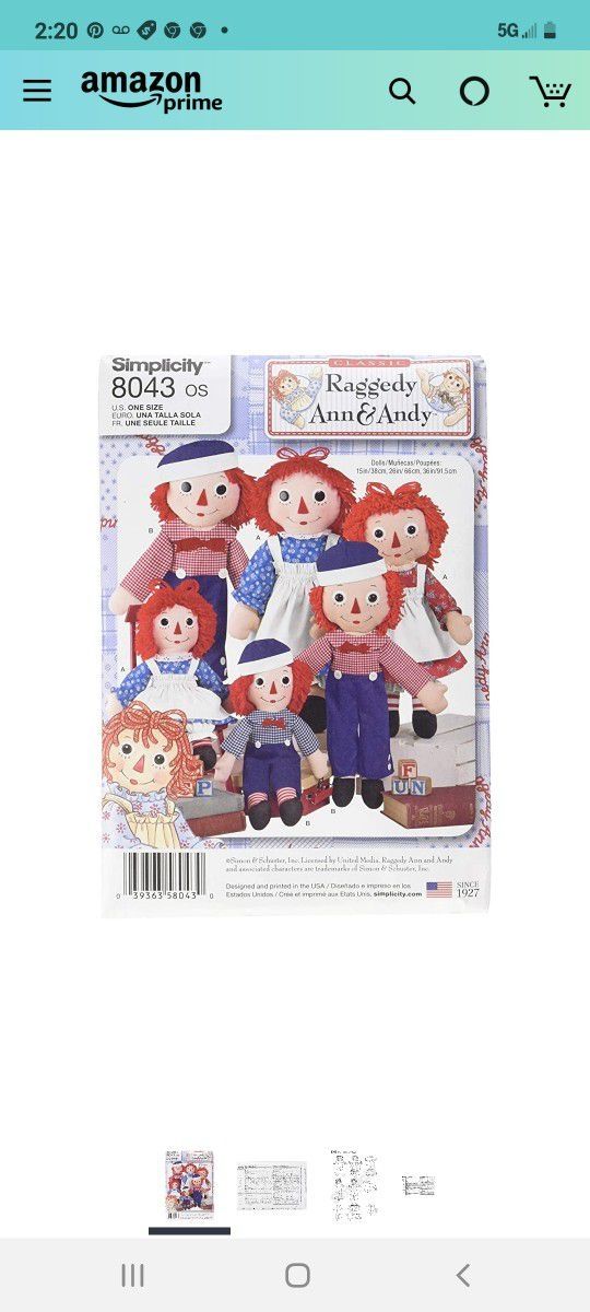 Simplicity Patterns New Raggedy Ann & Andy Doll 15 inch & Clothes Pattern Sewing Fabric Toys General & 26 & 36 inch dolls