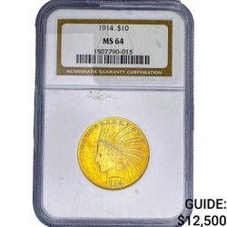 1914 $10 Gold Indian Head Eagle NGC MS64 High End Pre‑1933 U.S. Gold