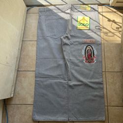 gray solo semore baggy wide leg jeans with solo embroidery and virgin mary print