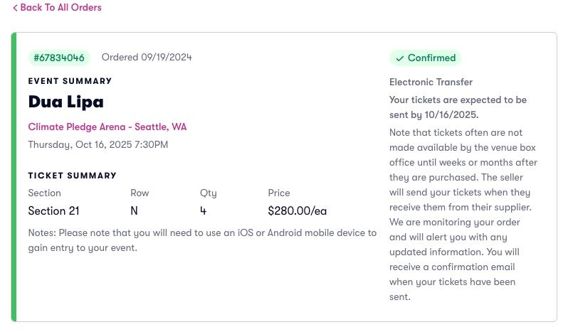 Dua Lipa 4 Tickets - Oct 16 @ Climate Pledge Arena, Seattle