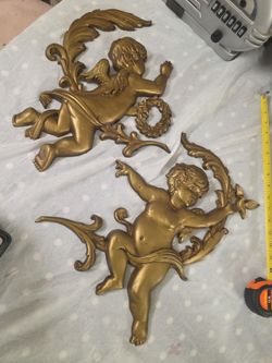 Vintage 1967 Sexton Cupid Wall Hanging Gold Metal Plaques Row USA  set.
