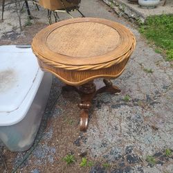 Vintage Rattan Side Table Wood Base