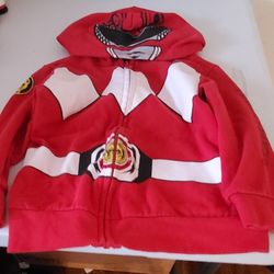 Red Power Rangers hoodie with iconic design. Features white and black accents. 