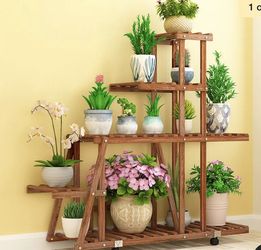 Solid Fir Wood Plant Stand Indoor Outdoor Flower Holder Rack w/ Detachable Wheel free shipping