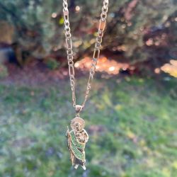 14k Solid Gold Diamond Cut Chain With San Judas Pendant