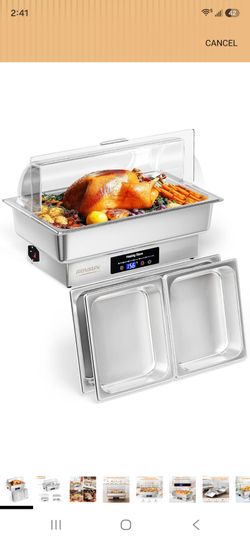 ROVSUN 9QT Electric Chafing Dishes for Buffet with Temperature Control Display, Roll Top Chafing Dish Buffet Set, Stainless Steel Chafers with Transpa