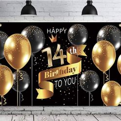 Happy 14th Birthday Backdrop Banner - 14 Birthday Party Decorations Supplies for Boys - Black Gold 3.9 x 5.9ft