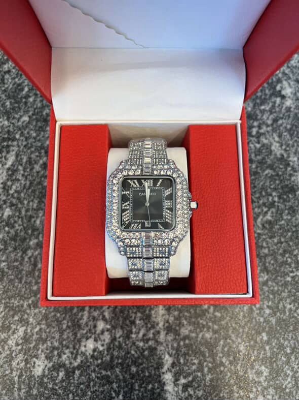 Iced Out Silver And Black Cartier Watch