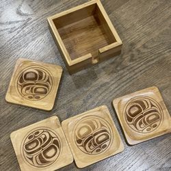 5 Piece Wood Native American Coastal Coaster Set 