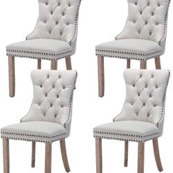 Set of 4, White Upholstered Velvet High-end Tufted Dining Room Chair with Nailhead Back Ring Pull Trim Solid Wood Legs,