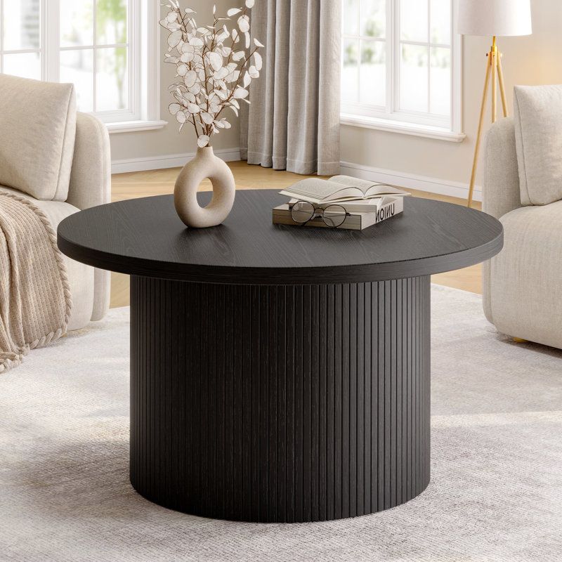 31.5'' Round Coffee Table With Woodgrain Top And Tambour Shade Accents For Living Room