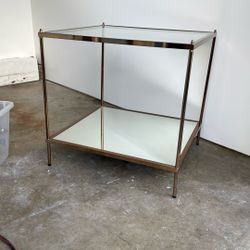 Rose Gold End Table With Glass Top and Mirrored Bottom