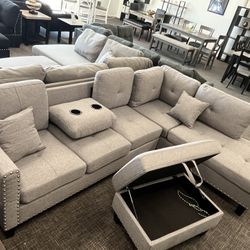 Light Gray Sofa Set W/ottoman & Cupholders 