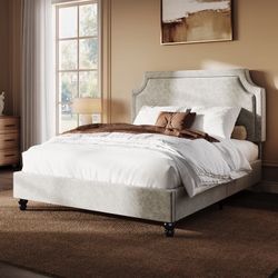 Full Size Upholstered Platform Bed Frame, 50.6"-54.5" Height Adjustable Minimalist Chenille Headboard, Strong Support, Noise-Free, No Box Spring Requi