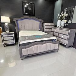 Bedroom Set Grey Velvet Led Lights 4 Pcs Bed, Dresser Mirror Nightstand 