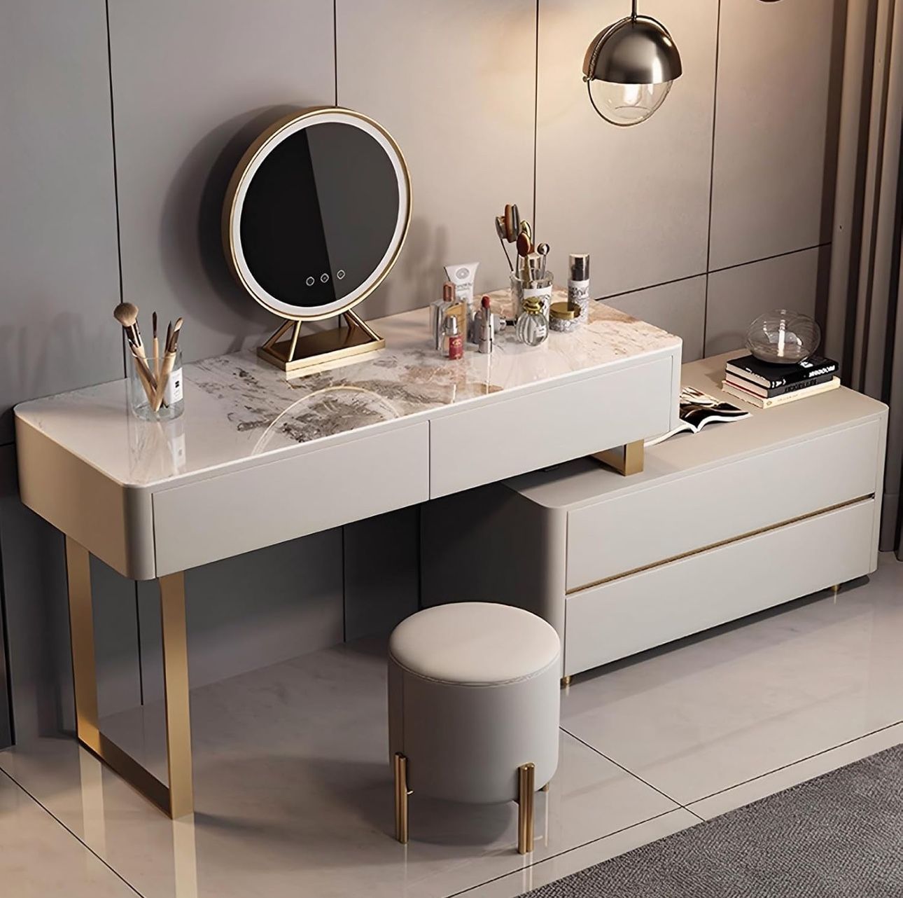 Makeup Vanity Table with Chair and Lighted Mirror Modern Vanity Desk with 4 Drawers Sintered Stone Tabletop with Scratch Resistant Movable Long Sid
