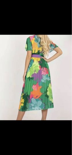 Brand New Colorful/Pleat Dress With Belt, Boho Surplice Neck Short Sleeve Dress