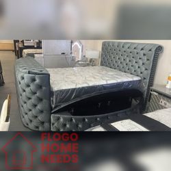 King Queen size velvet gray Bed frame With Fireplace and TV lift