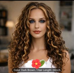 28 inch curly synthetic wig brown with blonde highlights