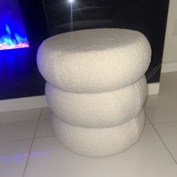 White Fabric Boucle Round Footstool Ottoman Tufted Accent faux sheepskin cloud soft storage living r