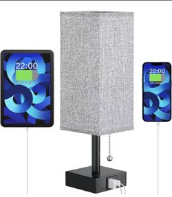 Bedside Lamp for Bedroom with USB Ports - Grey Table Lamp with USB C + A Charging Ports for Nightstand, Small Desk Light for Boys, Bulb Not Included