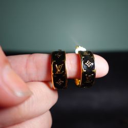 Hoop earrings black and gold Lv Sterling Silver New 