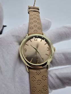 BWC Women's Gold Tone Rose Gold Dial Quartz Watch Tan Floral Cutout Strap