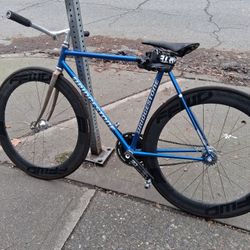 Blue Bridgestone Fixed Gear Bike with Deep Dish Wheels