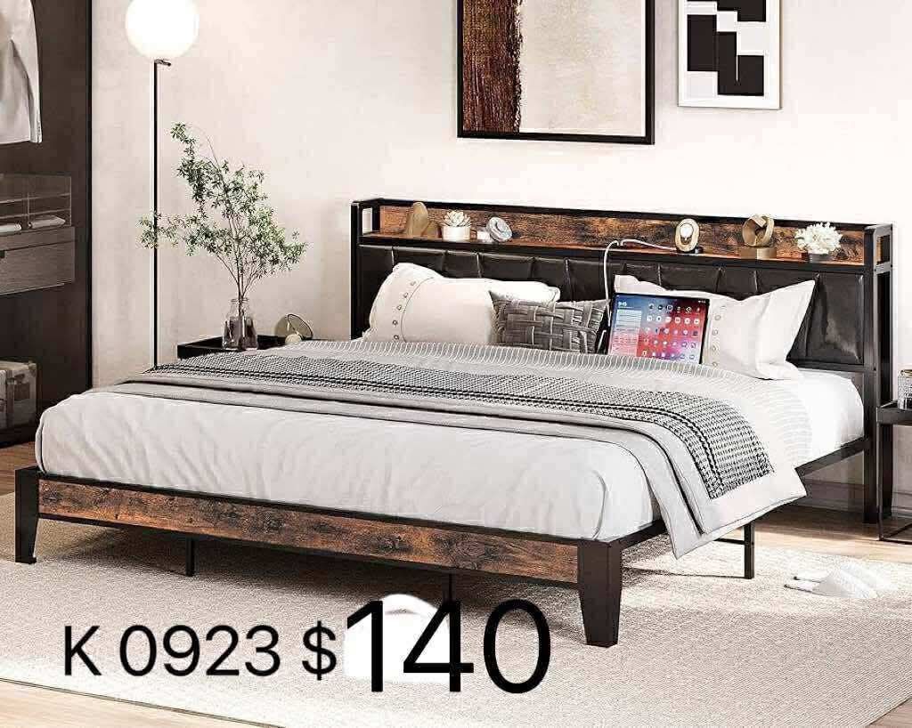 King Bed Frame, Storage Headboard with Charging Station, Solid and Stable(0923)