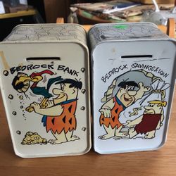 1979 HANNA BARBERA FLINTSTONES BEDROCK BANK FRED & BARNEY METAL BANK, Set Of 2