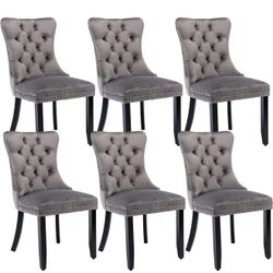 Grey Velvet Dining Chairs Set of 6, Upholstered Dining Room Chairs Tufted Wingback Kitchen Chairs, with Back Ring Pull Trim, Solid Wood Legs, for Dini