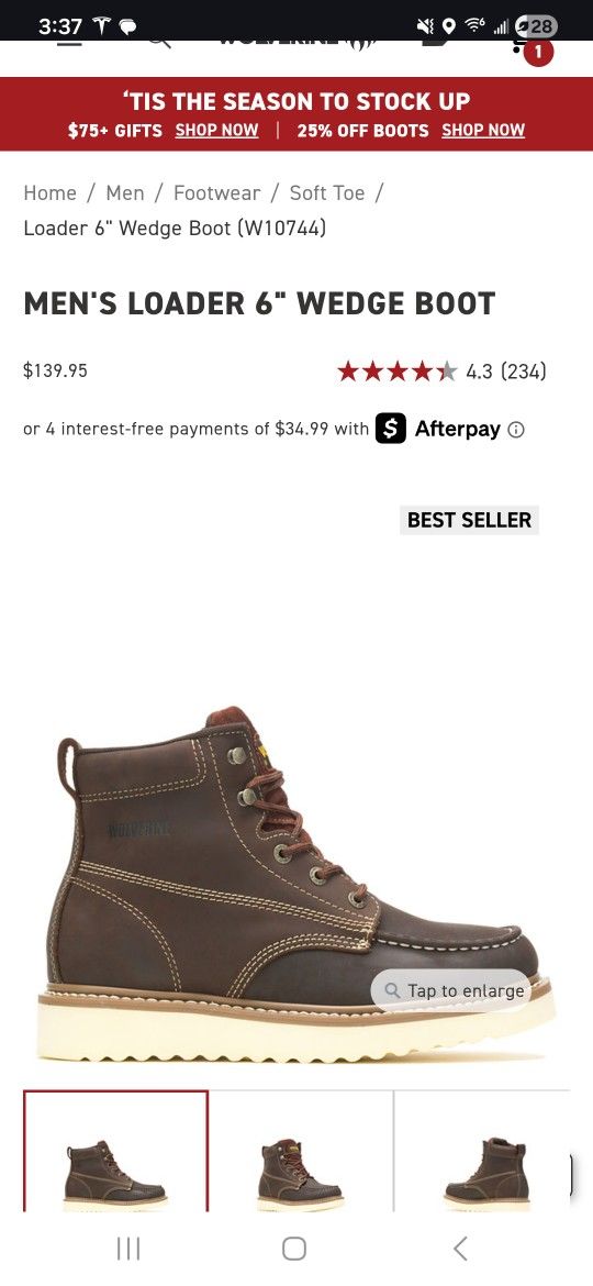 Wolverine MEN'S LOADER 6" WEDGE BOOT(final 1 AVAILABLE FIRST COME FIRST SERVE ALL BRAND NEW)