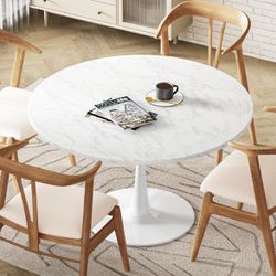 White Marble Round Dining Table, 31.5" Tulip Table Kitchen Dining Table 2-4 People with MDF Table Top & Pedestal Base, 
