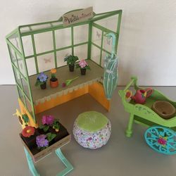 Retired Wellie Wishers Greenhouse, Flowers, Cart And Umbrella