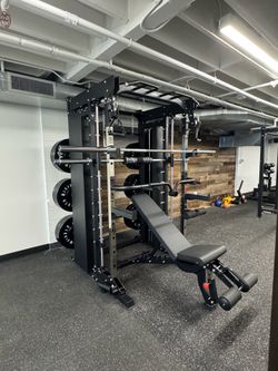 Smith Machine, Pulley System, Power Rack, Rubber Weights, Dumbbells