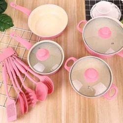 13pcs Pink Non-Stick Cookware Set with Glass Lids and Silicone Utensils
