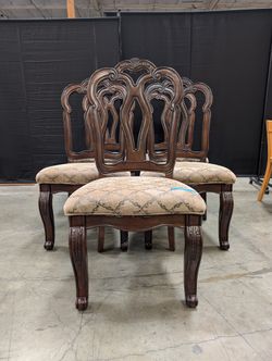 Set of Four Ornate Carved Wood Dining Chair with Patterned Upholstered Seat
