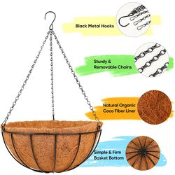 Hanging Planter Outdoor with Coco Liner, Metal Wire Flower Basket Pots Holder Hanger Hook Deck Patio Porch Garden Balcony Outside Decoration(6 pack 10
