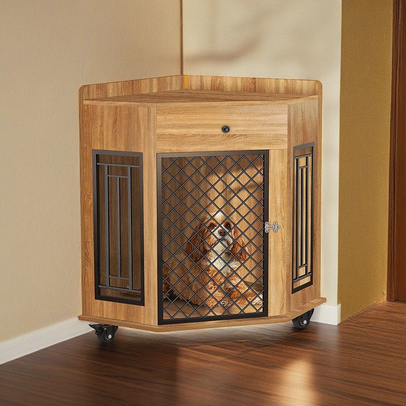 Wooden Dog Kennel End Table with Storage Drawer and Wheels, Corner Dog Crate Furniture, Indoor Dog House with Metal Mesh Door, Vintage Style