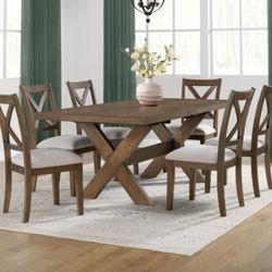  New Lathan 7-piece Dining Table Set 6 Dining Chairs 
